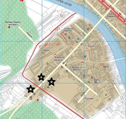 There are currently 3 recent sites of Roman discovery on and around Micklegate. These sites of discovery are indicated on this image of a map with star icons. The map depicts the Micklegate area and the city walls are indicated through a red line.